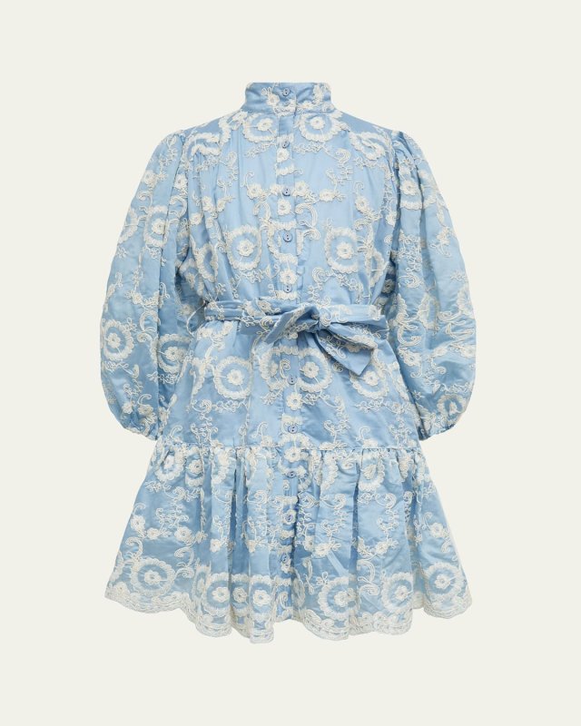 Girl's Mila Floral-Embroidered Flounce Mini Shirtdress, Size 4-16